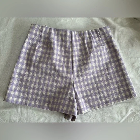 Zara Gingham Shorts Women’s Size M Lavender White Front Zip High Rise - Picture 4 of 6